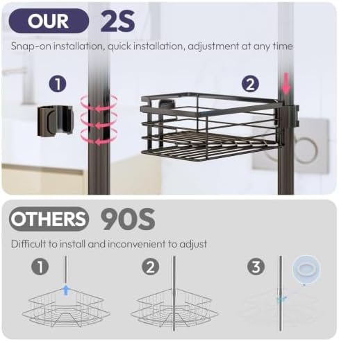 SWTYMIKI Shower Caddy Tension Pole - 4-Tier Corner Shower Organizer Tension Rod with Soap Holder, Toothbrush Holder & 4 Hooks, Adjustable Stainless Steel Bathroom Organizer 27.6 to 108.3 inch, Black - Image 3