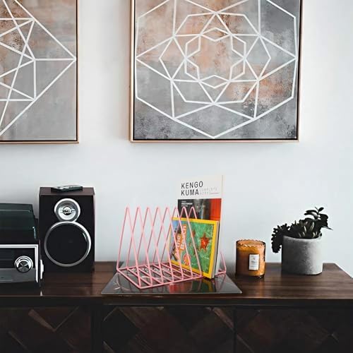 EASEPRES Vinyl Record Holder Storage, 9 Slot Metal Magazine Book Album Display Rack, Stylish Triangle Desktop File Sorter Organizer for Home Office, Pink Pack of 2 - Image 7