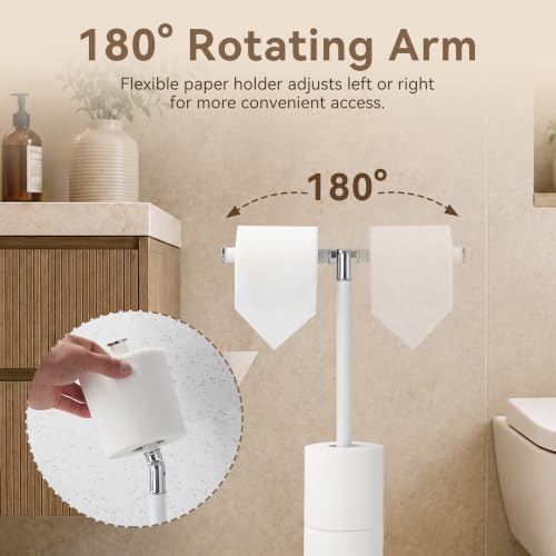 Freestanding Bathroom Tissue Stand with 180° Rotating Arm, 3-Roll Metal Holder, Rustproof White - Image 6