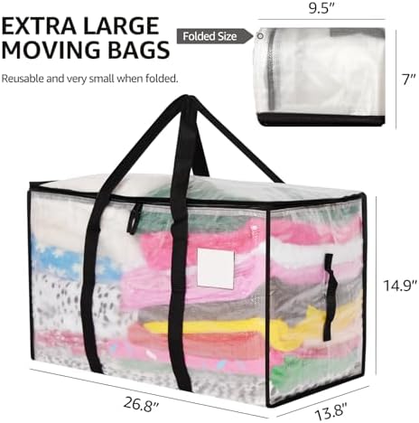 Moving Bags Heavy Duty Extra Large, Alternative for Moving Boxes & Moving Supplies,Clear Storage Bins with Lids, Plastic Packing Tote, Storage Bags for Clothes with Handles & Zippers(Clear, 4Pack) - Image 6