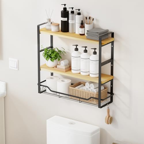Bathroom Shelves Over Toilet Storage - 3 Tier Large Wall Mounted Shelves for Bathroom - Over Toilet Organizer - Adjustable Stand Shelf Rack for Kitchen Living Room - Black Oak by CACHOLIV