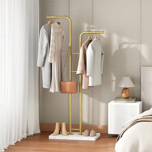 YATINEY Gold Coat Hanger Stand, Floor Standing Coat Rack, Entryway Coat Tree with 8 Hooks and Marble-Look Base, Modern Double-Pole Metal Clothes Rack for Entrance, Living Room, Bedroom, YM02DWY1 - Image 6