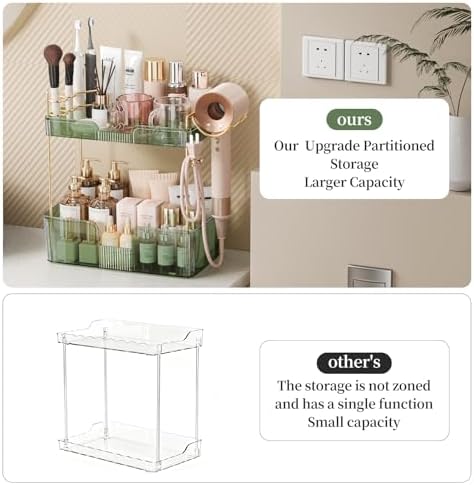 Bathroom Counter Organizer for Vanity, Makeup Organizer Countertop with Holder, Large Capacity Storage Rack, Perfect Large Skincare, Hair Care, Perfume, Easy to Install (Green, 2Tiers) - Image 4