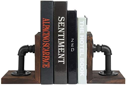 MyGift Burnt Wood Bookends with Metal Industrial Pipe Design, 2 Piece Set - Image 6