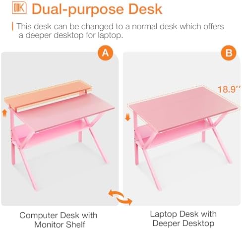 ODK 27.5 Inch Small Desk with Storage & Monitor Stand, Pink - Image 4