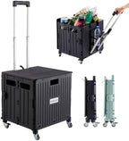 SUBICOO Folding Utility Cart Portable Rolling Crate Handcart Shopping Trolley Collapsible Tool Box, with Lid, on 4 Rotate Wheels, for Grocery, Shopping, Office, Teacher, Camp(Black) by SUBICOO