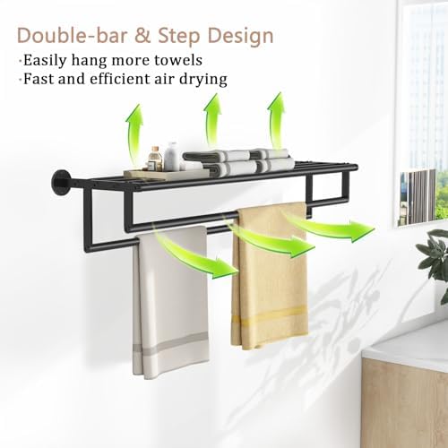 Double Towel Racks for Bathroom, 32Inch Double Towel Bar with Shelf, Towel Tack with Shelf, Wall Mount Towel Holder, Stainless Steel Towel Rod(Matte Black) - Image 4
