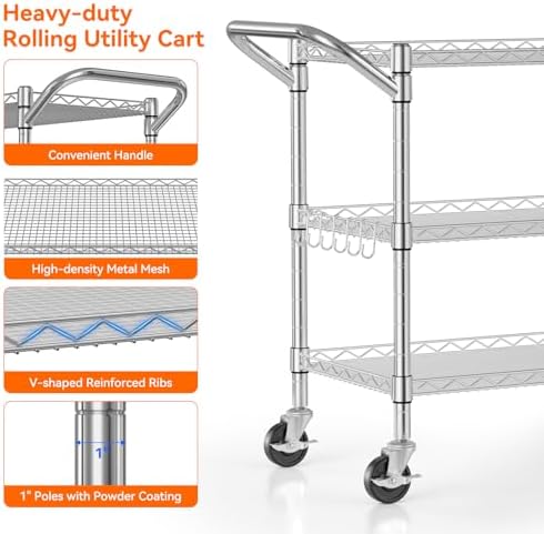 NTE 3 Tier Heavy Duty Rolling Utility Cart on Wheels, 990Lbs Capacity Rolling Wire Cart, Kitchen Carts on Wheels, NSF Commercial Metal Serving Cart with Handle and Shelf Liners for Kitchen, Restaurant - Image 4