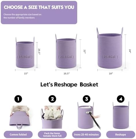 Laundry Basket Hamper Tall Rope Storage Woven for Blanket Toys Dirty Clothes in Living Room Bathroom Bedroom Purple 60L/15.8Gal - Image 2