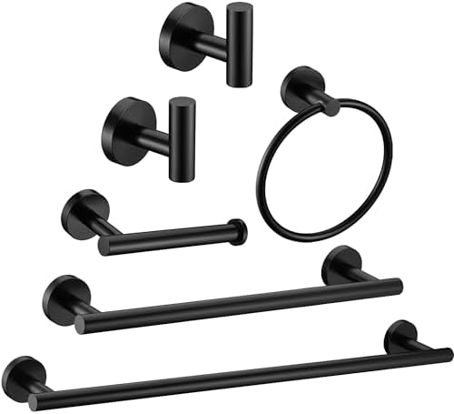 6 Pieces Matte Black Bathroom Hardware Accessories Set Hand Towel Ring 16&23.6 inch Round Towel Bar Silver Toilet Paper Holder Towel Hooks 2 Pieces SUS 304 Stainless Steel,Heavy Duty,Wall Mounted by Meetuniquestylesandneeds