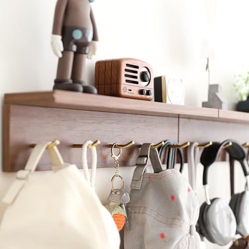 Wall Mount Walnut Coat Rack, 5 Brass Hooks, Floating Shelf - Image 5