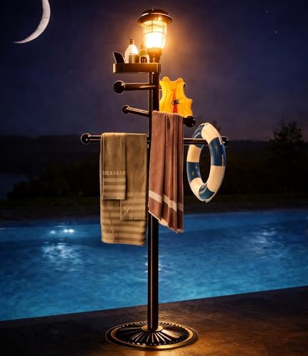 Pool Outdoor Towel Rack with Solar Light, 6 Bars with Top Tray Metal Heavy Duty Pool Accessories with Heavy Metal Base, Hot Tub Accessories for Pool and spa by Unknown