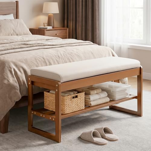 Shoe Rack Bench with Cushion, 2-Tier Entryway Bench with Storage for Front Entrance, Hallway Living Room Bedroom (Brown, 39.4") - Image 6