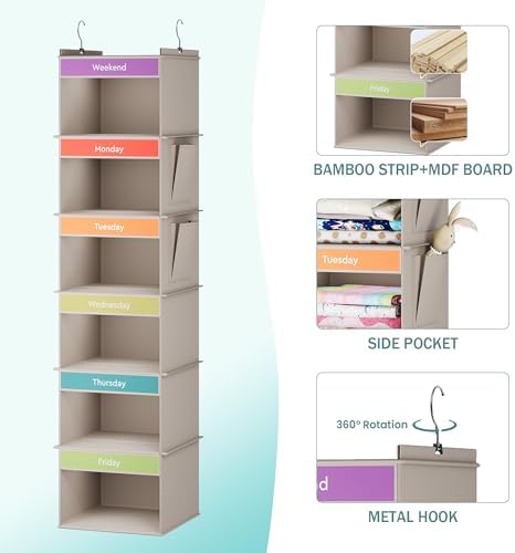 YOUDENOVA Weekly Clothes Organizer for Kids, Hanging Closet Organizer, Grey - Image 4