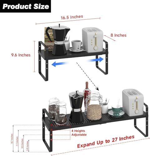 3 Pack Expandable Cabinet Countertop Shelves, 16.5"-27" L, Black - Image 2
