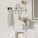 BAMEOS Wall-Mounted Wood Shelf with 5 Dual Hooks for Bathroom, Living Room, Bedroom (White-with Shelf) - Image 3