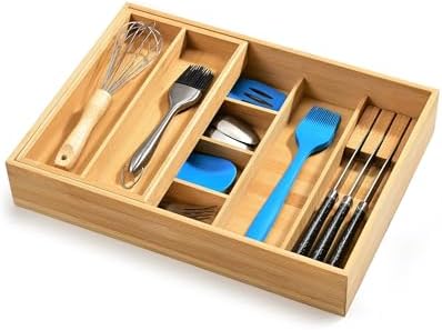 HULISEN Double Layer Bamboo Utensil Drawer Organizer for Silverware Cutlery by HULISEN