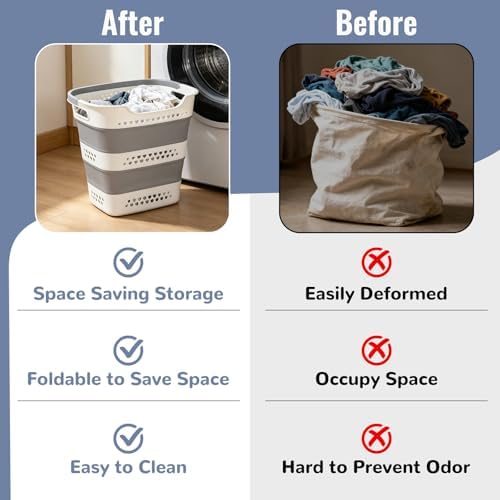 2 Pcs Collapsible Laundry Baskets, 43L Plastic Laundry Hamper for Dirty Clothes Dorm Bedroom, Space Saving Pop-Up Laundry Hamper Container, Foldable Durable Laundry Basket with Handle - Image 6