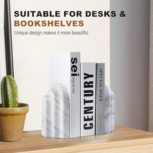 Natural Marble Book Ends - Heavy Duty Bookends for Shelves - Aesthetic Layered Arch Design Stone Book Holders, Modern Office Bookshelf Stopper Decor for Books/CDs (Volakas) - Image 7