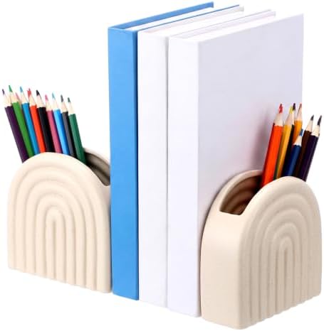 Decorative Ceramic Bookend Pen Holder for Shelves, Boho Style Set of 2, Aesthetic Rainbow Arch Heavy Duty Book Ends Stopper for Book Shelf Home Office Library Decor(Beige) by Unknown