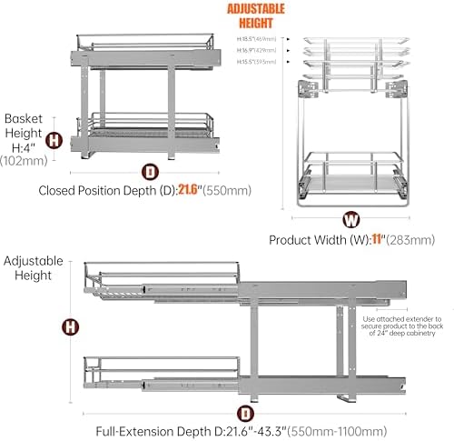 JOWBOOW 2-Tier Cabinet Pull Out Shelves, 11" W x 22" D, Chrome - Image 5