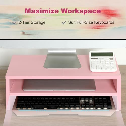 DS502P TEAMIX 20 inch Pink Monitor Riser Stand - 2 Tiers, Wood Desktop Bookshelf - Image 2