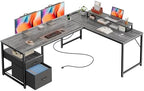 PRAISUN 63 Inch L Shaped Desk with Power Outlets and USB-C Port, Computer Corner Home Office Desk with File Fabric Drawers and Movable Monitor Stand, Larger Storage, Gaming, Writing, Work, Grey by PRAISUN