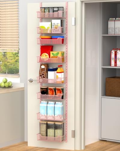 VyGrow 12.3" W Narrow Over the Door Pantry Organizer, 8-Tier Over the Door Organizer with Adjustable Basket, Pantry Door Organization for Pantry Kitchen Storage Room Spice Rack, Pink by VyGrow