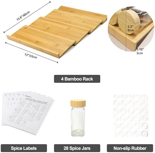 Spice Drawer Organizer with 28 Bamboo-lidded Spice Jars and 216 Labels,Non-slip Rubber, Bamboo 4 Tier Spice Racks Tray Seasoning Containers for Kitchen Drawers,Cabinets,13" Wide * 15.8" Deep - Image 3