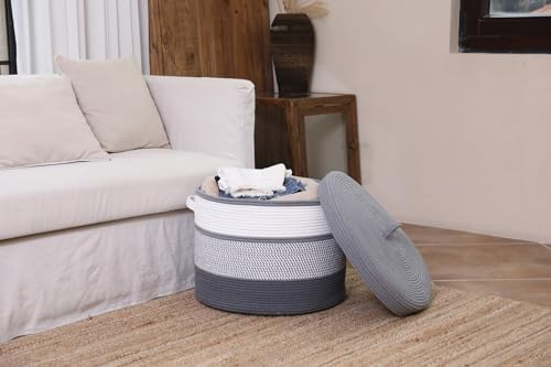 20x15 Inch Extra Large Round Cotton Rope Storage Basket with Lid, Decorative Woven Bin with Cover for Living Room Bedroom Closet, Grey Mix & Dark Grey - Image 5