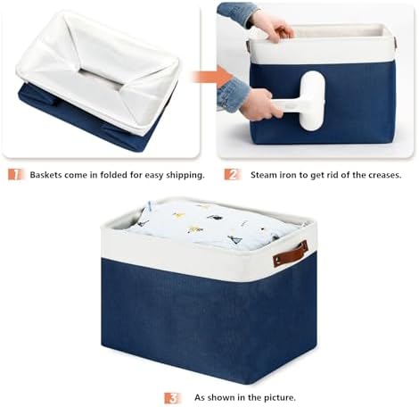 DULLEMELO Large Storage Baskets with Leather Handles for Linen Closet and Home Office, Decorative Baskets for Toys Storage (White & Blue) - Image 7