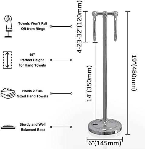 BGL Fingertip Towel Holder Stand Hand Towel Ring for Bathroom or Kitchen Vanity Countertops to Store Hand Towels Washcloths or dishcloths - 2 Hanging Rings?17" High-Chrome - Image 2