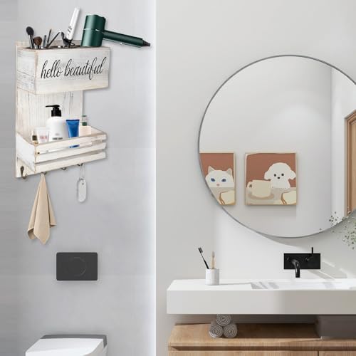 2Tier White Wooden Hair Dryer Holder Wall-Mounted Organizer - Image 5