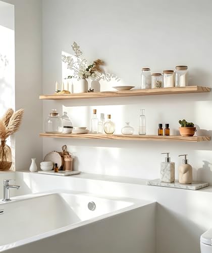 48 Inch Rustic Wood Floating Shelves Farmhouse Wooden Wall Shelves for Bathroom Bedroom Living Room Kitchen Office Set of 4 Light Brown - Image 3