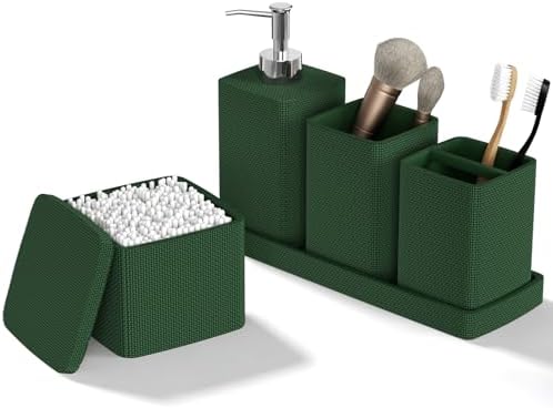 Dark Green Bathroom Accessories Set 5 Pieces, Resin Toothbrush Holders Set Complete with Soap Dispenser, Toothbrush Holder, Vanity Tray, Bathroom Tumbler and Qtip Holder for Small Spaces by LetUsMakeHomeYourFavoriteDestination