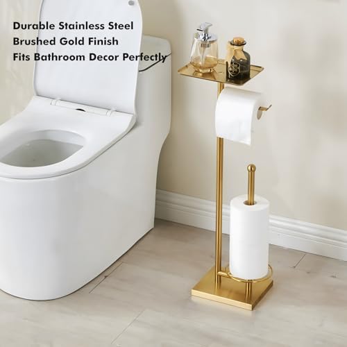 Toilet Paper Holder with Tray At the Top, Heavy-Weighted Base No Wobbly, Freestanding Toilet Paper Rolls Stand, Hold Extra 3 Paper Rolls On the Base (Gold) - Image 6