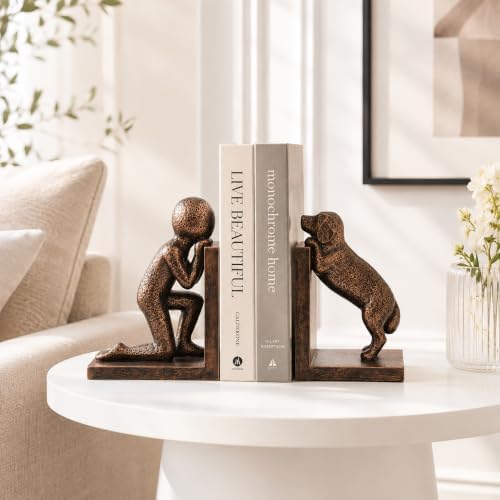 Decorative Bookends for Shelves, Human & Dog Antique Copper Resin Book Ends - Image 7