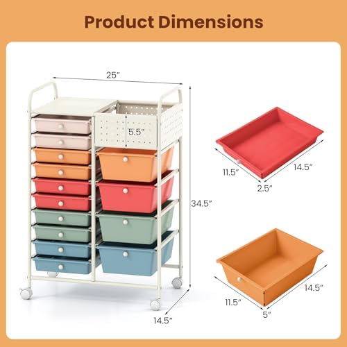 Giantex 14 Drawer Storage Cart, Rolling Craft Cart with Metal Tabletop & Pegboard, Mobile Utility Organizer Trolley with Locking Wheels, Home Office, Macaron Multicolor - Image 3