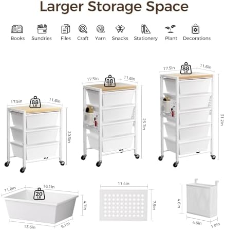 Rolling Cart with 5 Drawers, Plastic Drawer Storage Carts with Wheels & Wooden Tabletop, Metal Utility Cart with Pegboards, Office Living Room Classroom Craft Organization and Storage, Bright White - Image 3