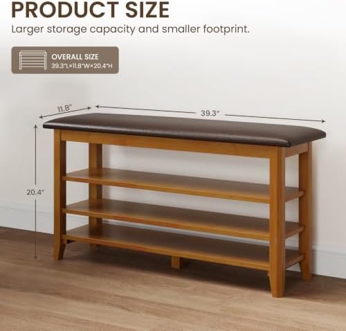 Shoe Rack Bench Entryway, Solid Wood with Leather Cushion 39.3" - Image 2