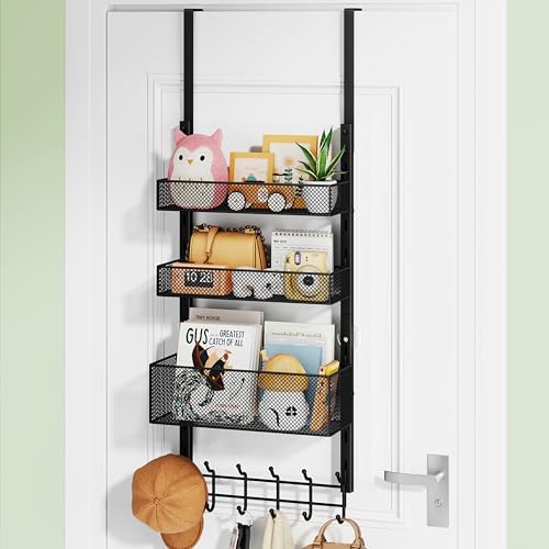 HapiRm Over The Door Hanger with Coat Hooks and 3 Baskets, Rustproof Over The Door Hooks, Storage Organizer for Hats, Towels - Black by HapiRm