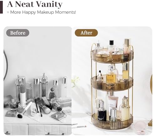 Aveniee Rotating Makeup Organizer for Vanity, 3 Tier Perfume Organizers and Storage for Bathroom Countertop, Clear Spinning Skincare Counter Shelf Holder for Dresser,Brown - Image 6
