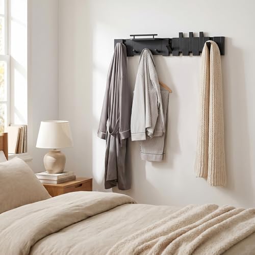 Mid Century Modern Walnut Foldable Entryway Wall Coat Hanger Hook with Shelf,Heavy Duty Wooden Piano Hidden Towel Hooks for Bathroom,Wall Rack for Purse&Key&Mail,Home Decor (Black, 9 Hooks) - Image 3