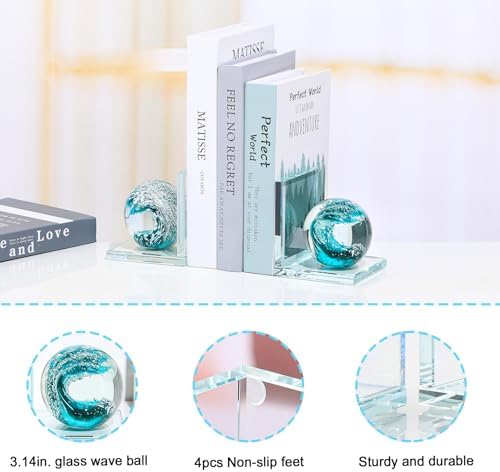 Arikyrist 1 Pair Crystal Bookends for Heavy Books with Dark Green Wave Ball - Image 4
