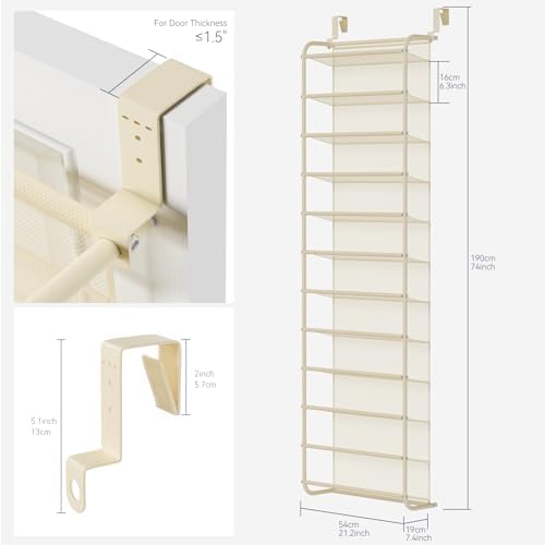 Whitmor 36 Pair Over The Door Shoe Organizer, 12 Tier Hanging Shoe Organizer, Heavy Duty Metal & Mesh Shoe Holder, Hanging Shoe Rack for Closet Organizer & Storage, 74"H x 21.7"W x 7.5"D, Beige - Image 2