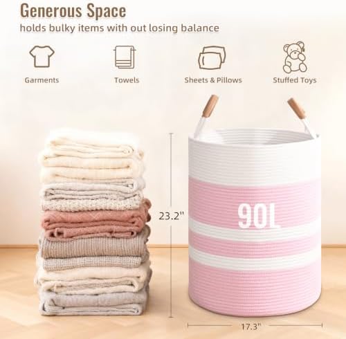 Large Laundry Basket, Laundry Hamper with Leather Handles, 90L Woven Dirty Clothes Hamper, Rope Hampers for Bedroom, Barthroom, Pink - Image 4