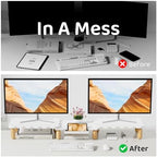 AFOOYO Dual Monitor Riser, Cookie-Shaped Adjustable Length & Swivel Angle, Wooden Desktop Organizer for 2 Monitors,Monitor Stand with Drawer for Laptop, PC, Computer, Printer,White - Image 4
