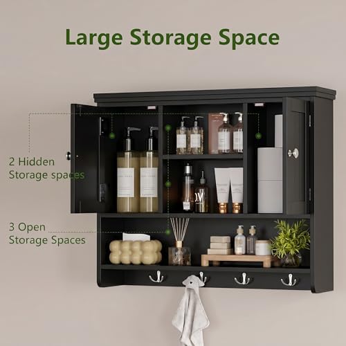Bathroom Wall Cabinet with Doors and Hooks, 3-Tier Wall Mounted Cabinet - Image 6