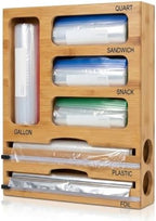 Bag Storage Organizer for Kitchen Drawer and Plastic Wrap Dispenser with Cutter, 6 In 1 Large Capacity Bamboo Foil and Plastic Bag Food Baggie Organizer for Snack, Sandwich, Gallon, Quart by CRYSTALVIVID