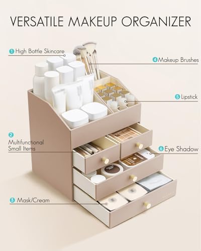 VLANDO Makeup Brush Holder with 4 Drawers,Toffee - Image 4